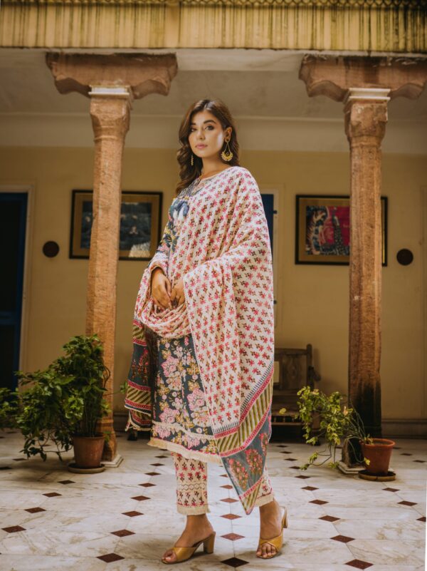 Cotton Floral Printed Steel Blue Suit Set - Image 3