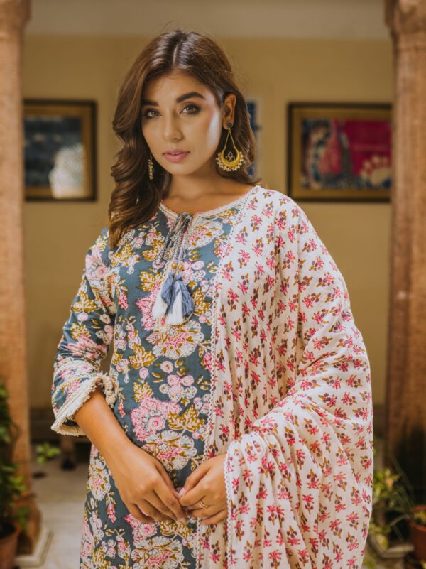 Cotton Floral Printed Steel Blue Suit Set - Image 4