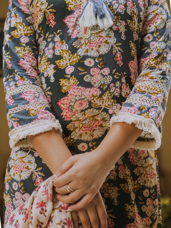 Cotton Floral Printed Steel Blue Suit Set - Image 5