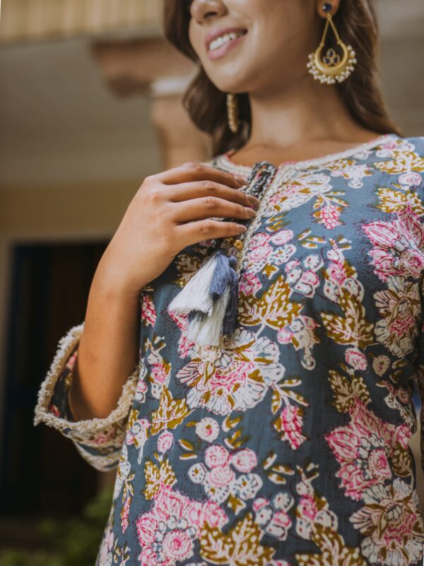 Cotton Floral Printed Steel Blue Suit Set - Image 6