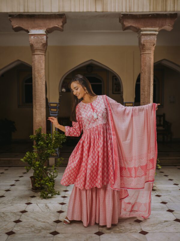 Peach Lurex Cotton Sharara Suit Set - Image 2