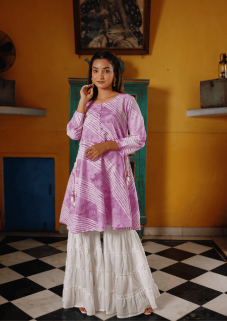 Purple and White Cotton Leheriya Suit