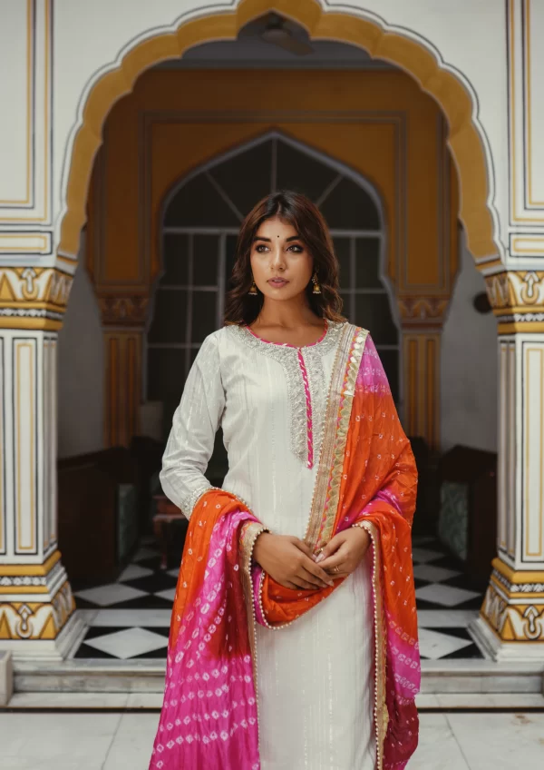 White Lurex Fabric Suit Set with Bandhej Duppata - Image 2
