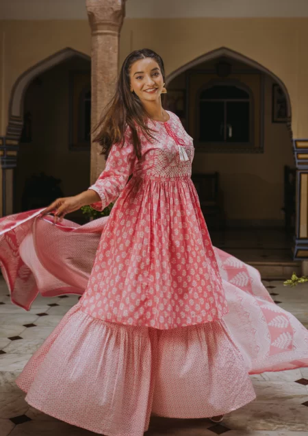 Peach Lurex Cotton Sharara Suit Set