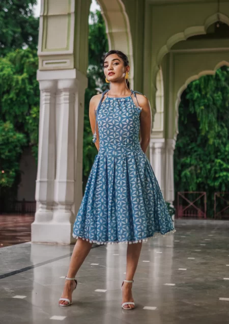 Cerulean Blue Dabu Print Midi Dress