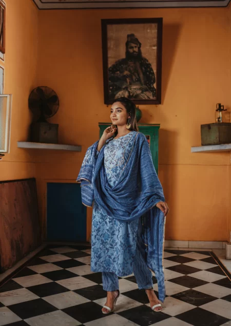 Azure Blue Sanganeri Print Cotton Suit Set
