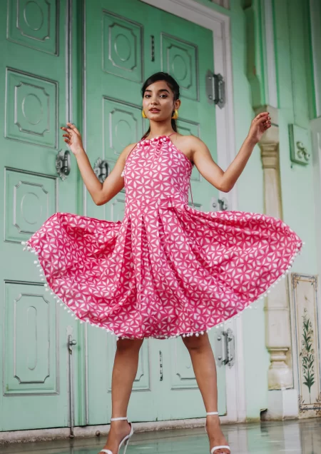 Flamingo Pink Dabu Print Midi Dress