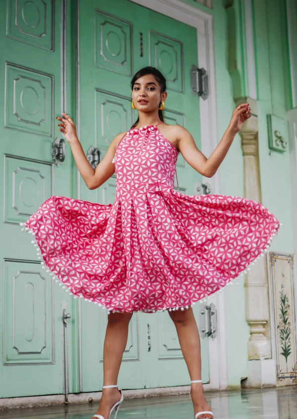 Flamingo Pink Dabu Print Midi Dress