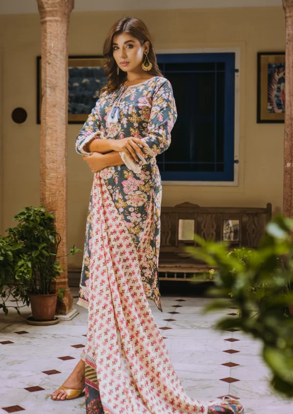 Cotton Floral Printed Steel Blue Suit Set - Image 2