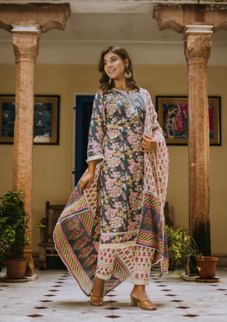 Cotton Floral Printed Steel Blue Suit Set