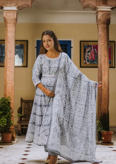 Anarkali Mirror Work Grey Cotton Suit Set