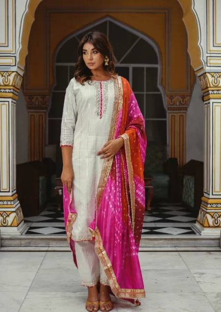 White Lurex Fabric Suit Set with Bandhej Duppata