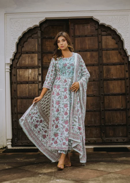 Aqau Haze Blue Cotton Suit Set