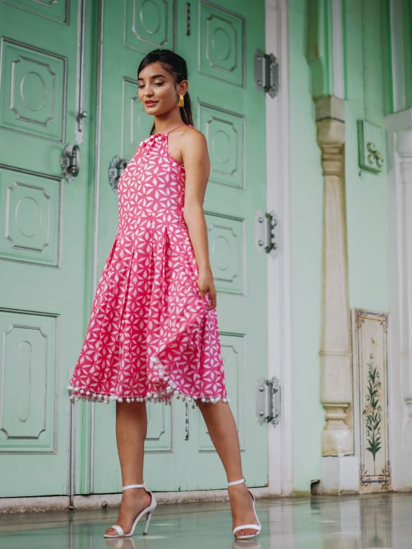 Flamingo Pink Dabu Print Midi Dress - Image 2