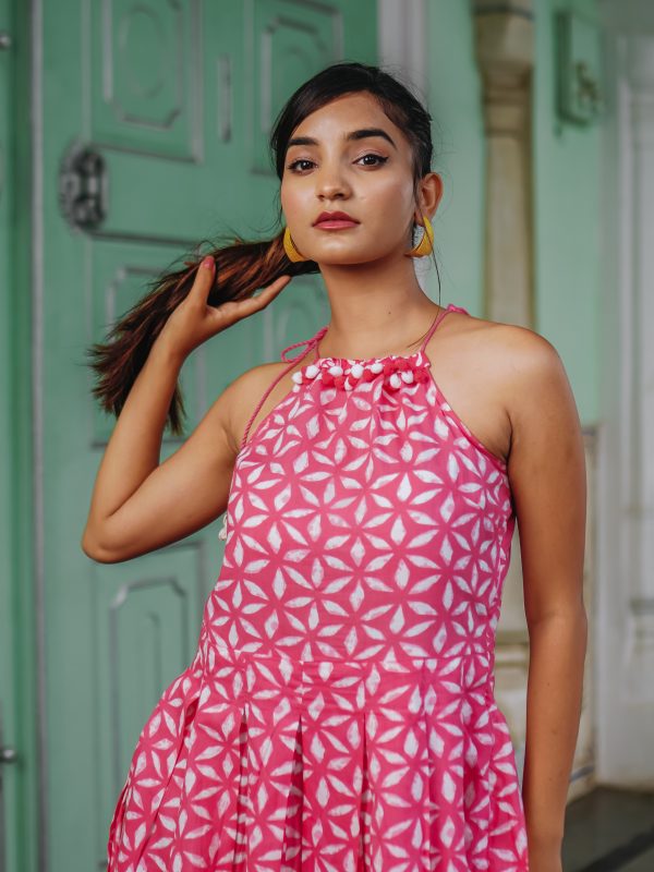 Flamingo Pink Dabu Print Midi Dress - Image 3