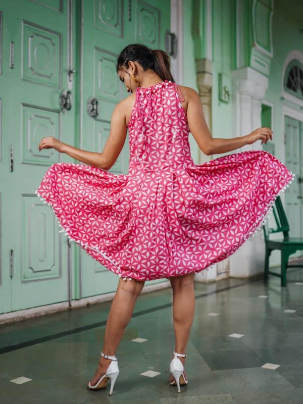 Flamingo Pink Dabu Print Midi Dress - Image 4