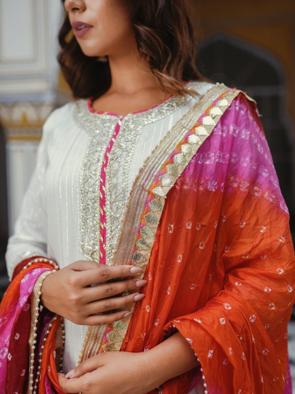 White Lurex Fabric Suit Set with Bandhej Duppata - Image 4