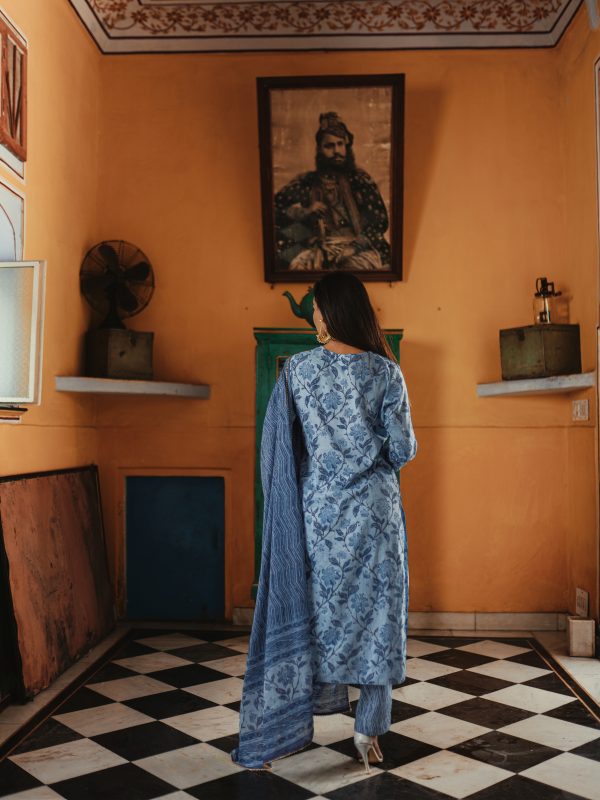 Azure Blue Sanganeri Print Cotton Suit Set - Image 3