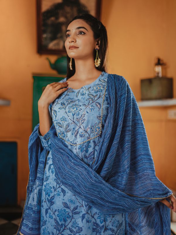 Azure Blue Sanganeri Print Cotton Suit Set - Image 4