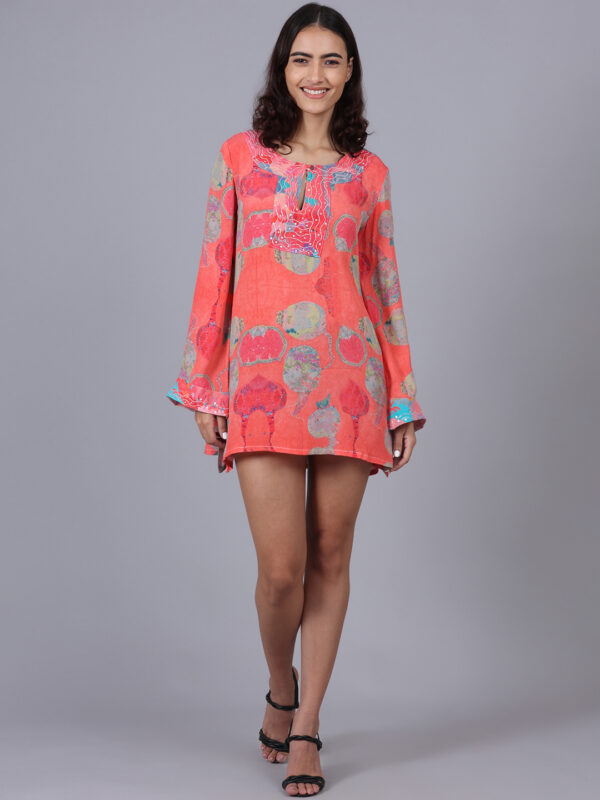 Peach Orange Printed Top With Bead Work - Image 6