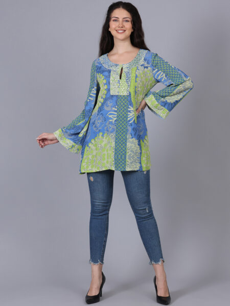 Blue And Neon Green Printed Top With Bead Work