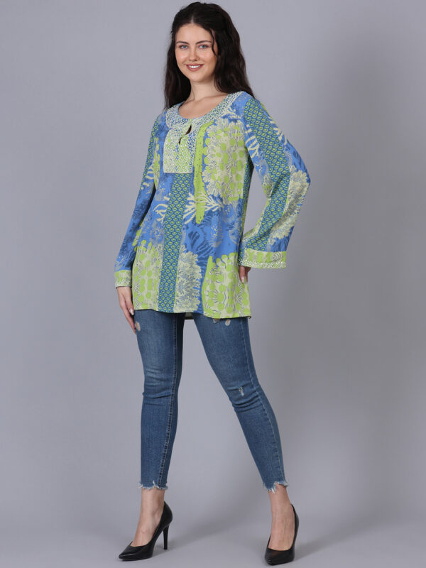 Blue And Neon Green Printed Top With Bead Work - Image 5