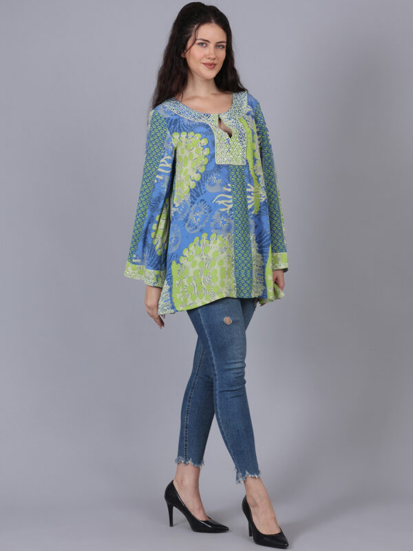 Blue And Neon Green Printed Top With Bead Work - Image 7