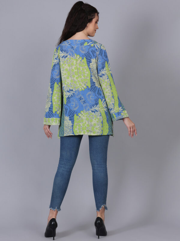Blue And Neon Green Printed Top With Bead Work - Image 4