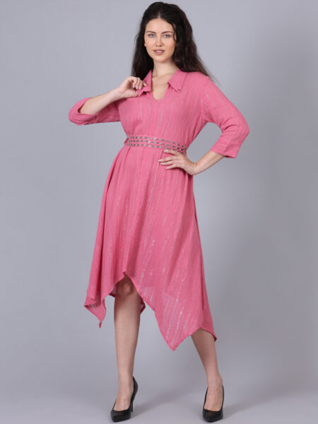 Flamingo Pink Lurex Long Dress With Belt