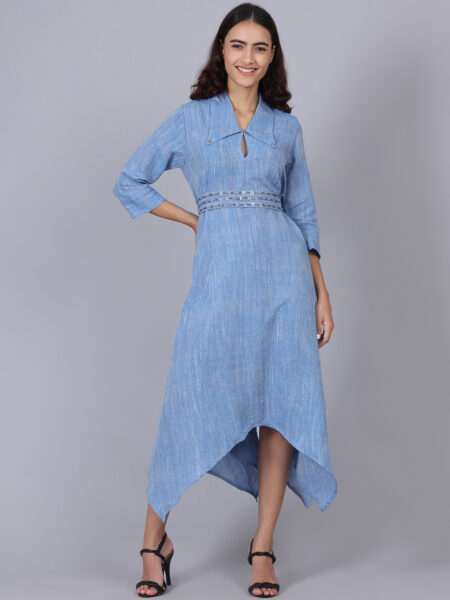Ice Blue Lurex Long Dress With Belt