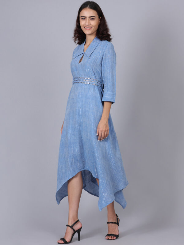 Ice Blue Lurex Long Dress With Belt - Image 7
