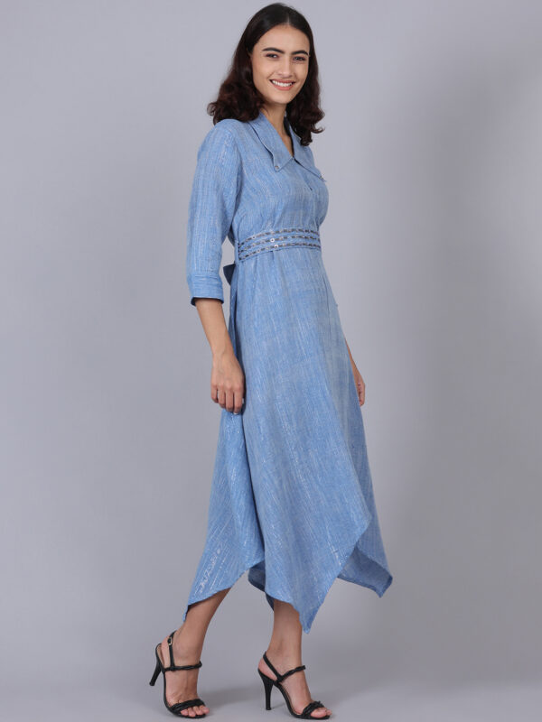 Ice Blue Lurex Long Dress With Belt - Image 4