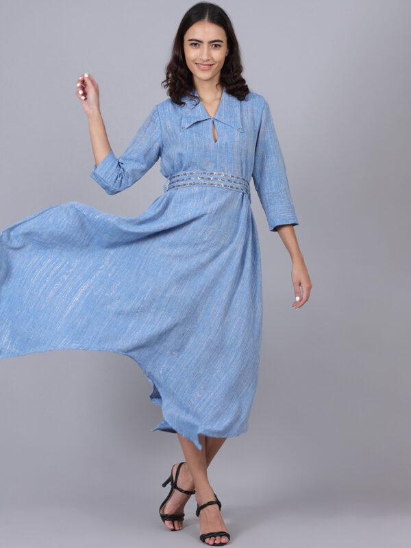 Ice Blue Lurex Long Dress With Belt - Image 6