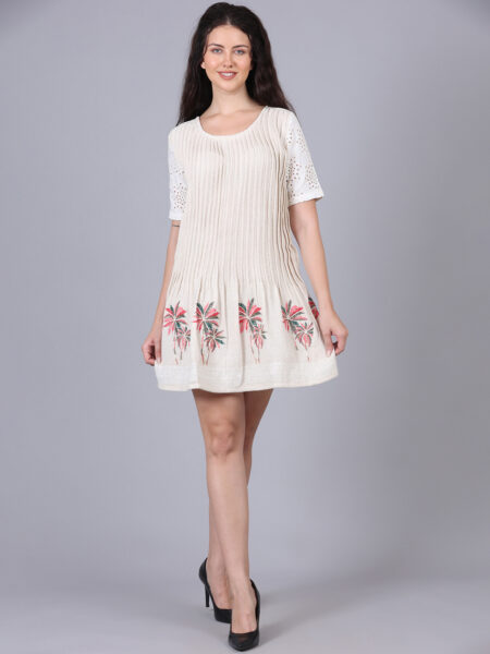 Off White Pleated Dress With Palm Embroidery