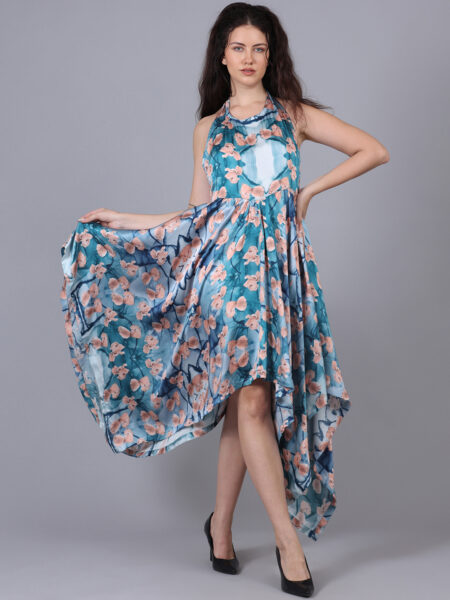 Troquoise Blue And Peach Flower Printed Scarf Dress