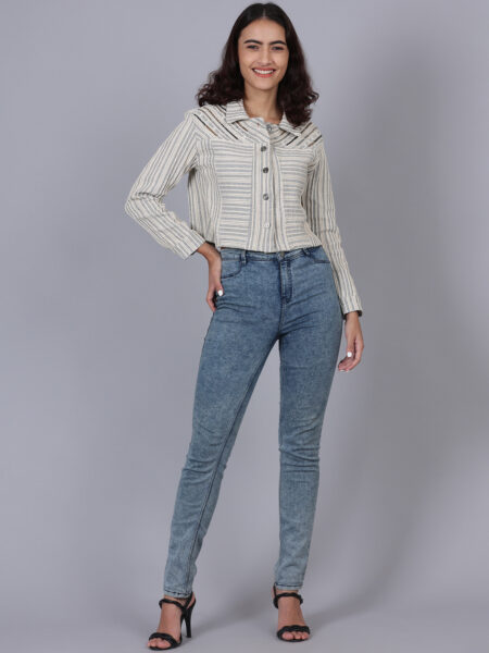 Slate Grey Light Grey Striped Mirror Work Jacket