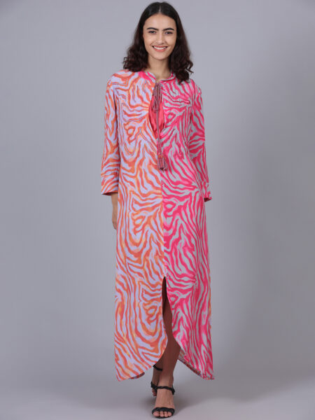 Pink And Orange Mixmatch Print Dress With Bando (Bead Work On Body)