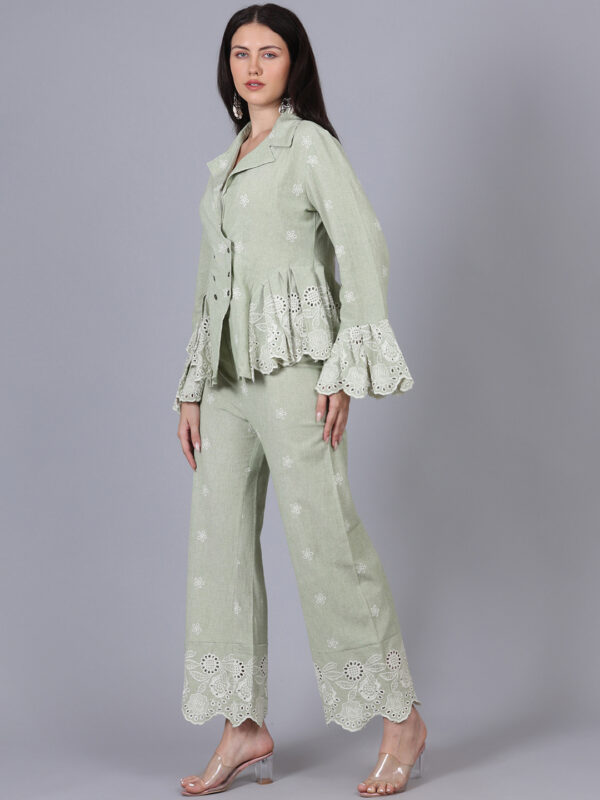 Pastel Green 2 Piece Co-ord Set Schiffly On Side Ruffle - Image 7