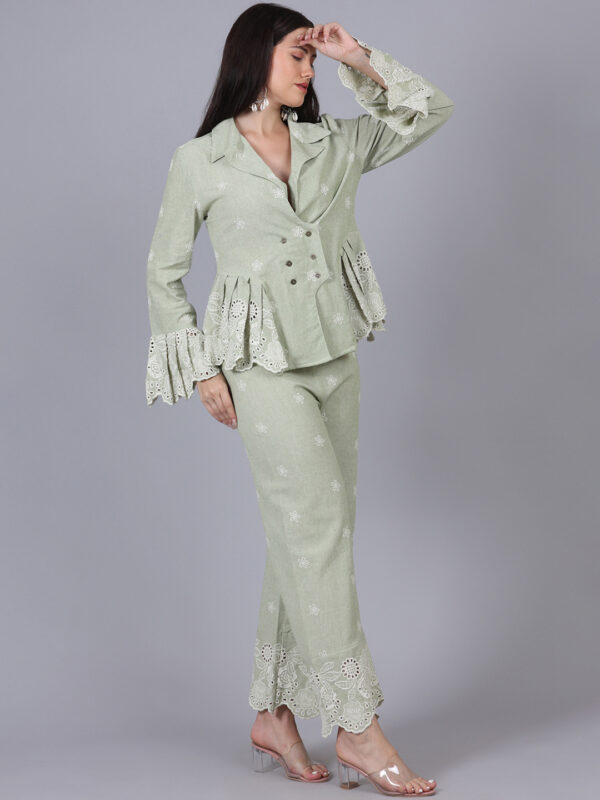 Pastel Green 2 Piece Co-ord Set Schiffly On Side Ruffle - Image 6