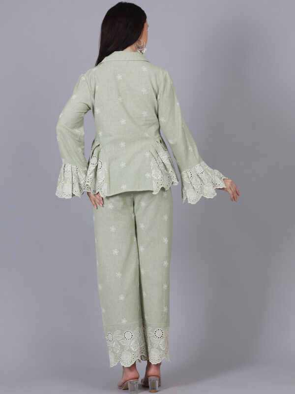 Pastel Green 2 Piece Co-ord Set Schiffly On Side Ruffle - Image 5