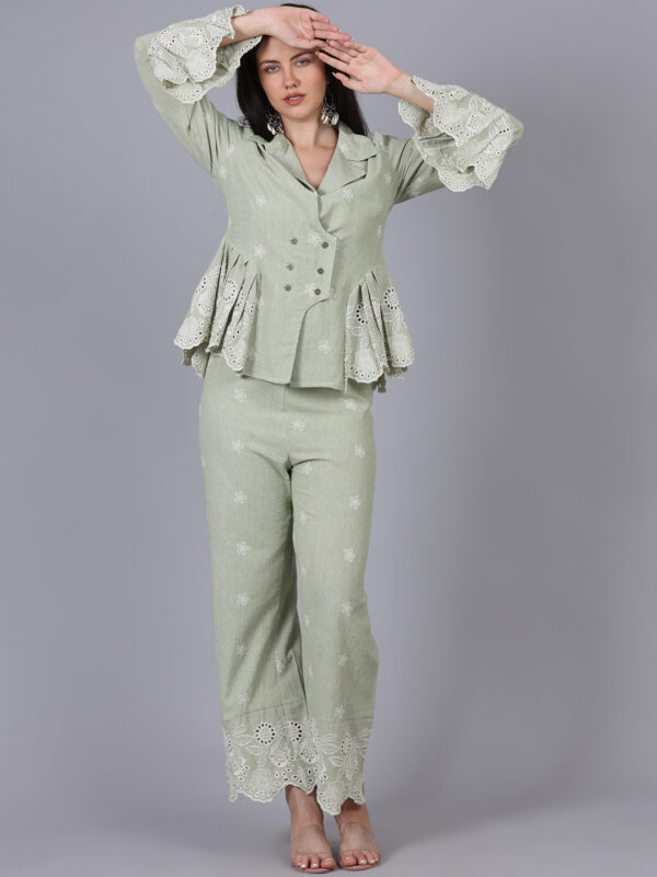 Pastel Green 2 Piece Co-ord Set Schiffly On Side Ruffle - Image 3