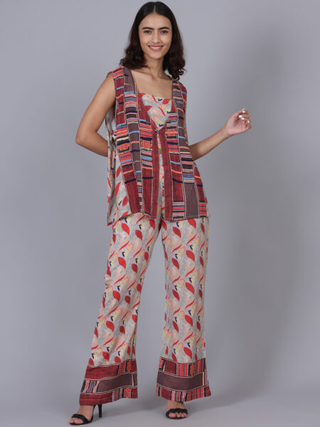 Light Grey Red Printed 3 Piece Co-ord Set